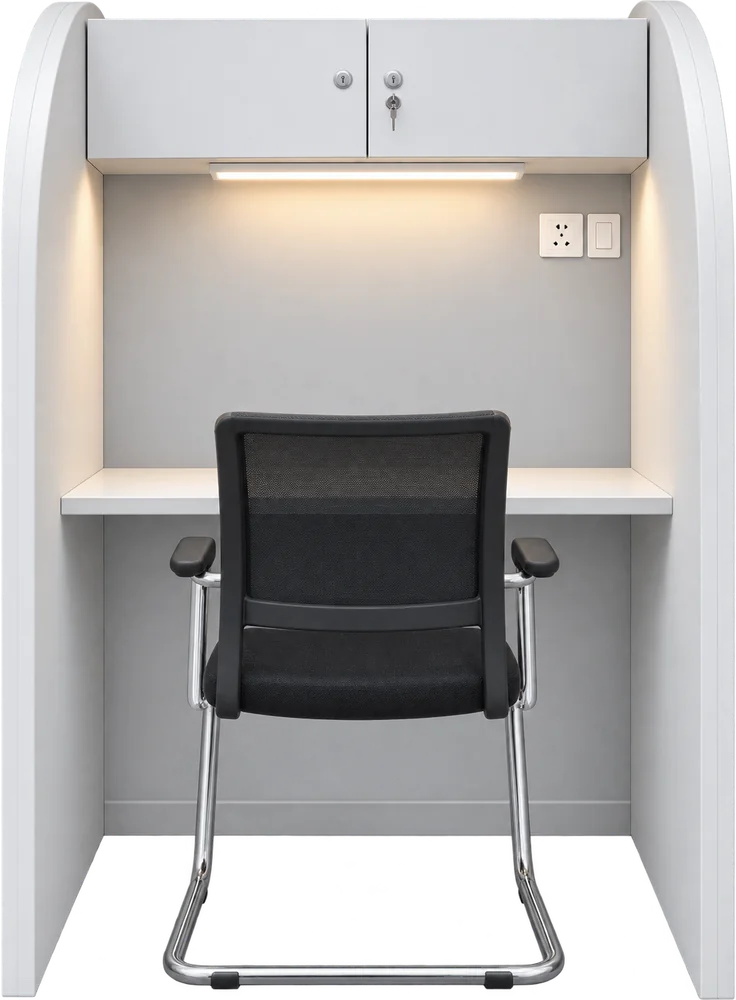 An empty premium study cabin: a lockable cupboard above a lamp strip, a wide desk, a wall socket and a black mesh chair.